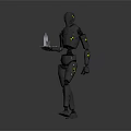 Futuristic Black Robot Holding Tray With Pink Bottle And Transparent Cup