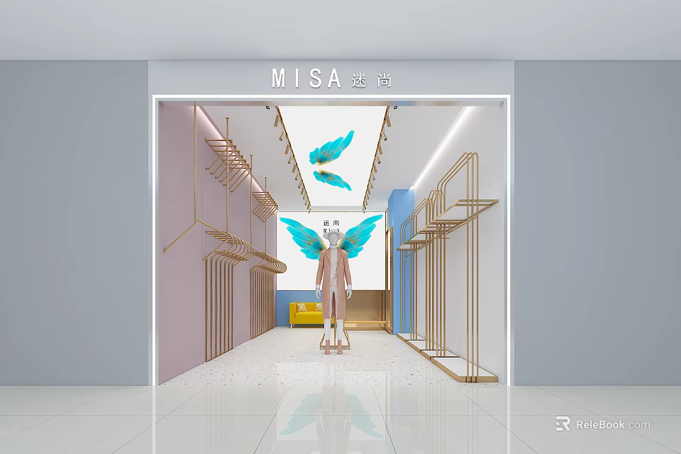 Modern Clothing Store Interior With Mannequin Butterfly Decorations And Clothing Racks 3d model 