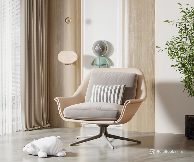 Beige Single Sofa With Striped Pillow In Modern Interior Curtains And Green Plant 3d model 