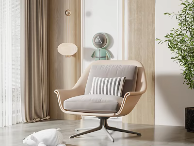 Beige Single Sofa With Striped Pillow In Modern Interior Curtains And Green Plant 3d model