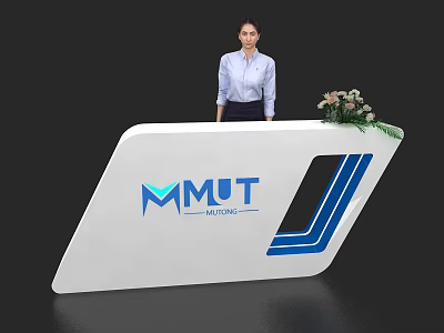 Modern White Reception Desk Featuring MMUT University Blue Logo And Flower Decor 3d model