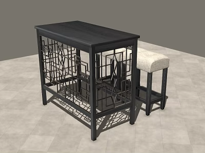 Modern Black Office Desk With Wooden Top Metal Grid Frame And Side Padded Stool 3d model