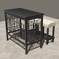 Modern Black Office Desk With Wooden Top Metal Grid Frame And Side Padded Stool