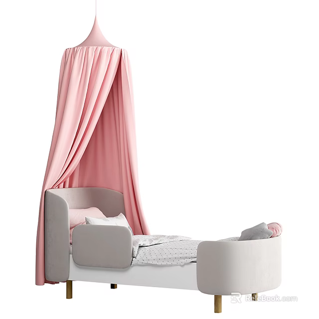 Cozy Kids Bed With Pink Canopy Gray Headboard And White Footboard 3d model 