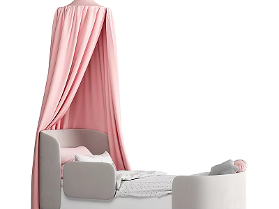 Cozy Kids Bed With Pink Canopy Gray Headboard And White Footboard 3d model