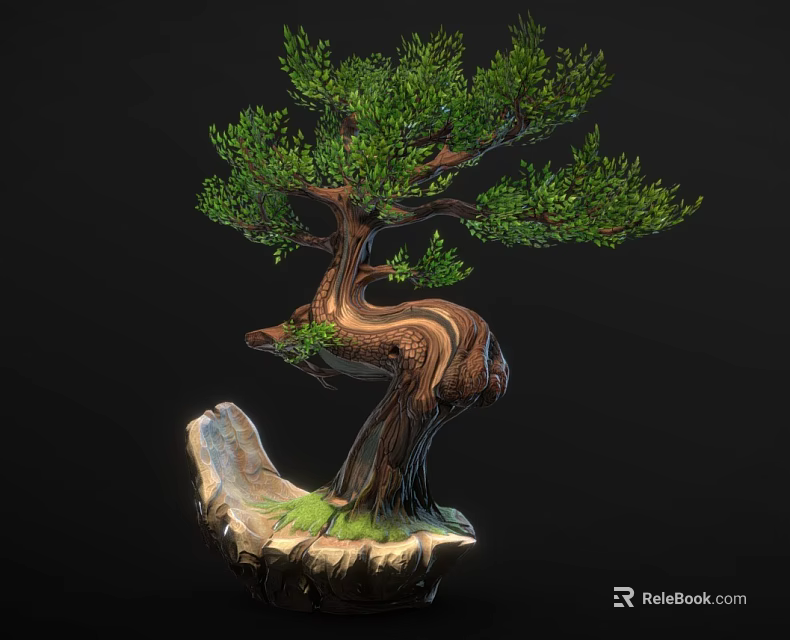 Wooden Bonsai Tree with Curved Trunk Green Leaves Stone Base and Grass Accent Decor 3d model 