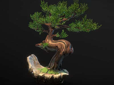 Wooden Bonsai Tree with Curved Trunk Green Leaves Stone Base and Grass Accent Decor 3d model