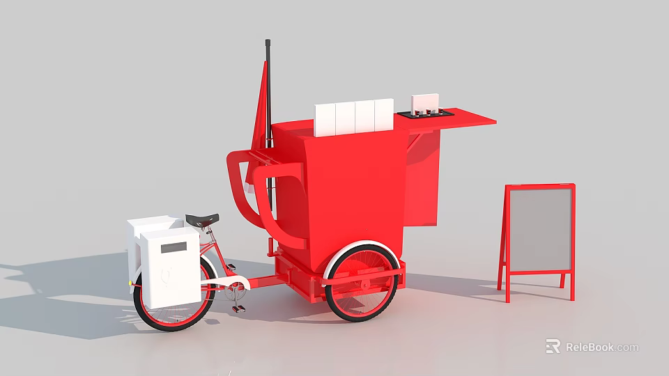 Mobile Red Tricycle Utility Cart With White Storage Box And Signboard 3d model 
