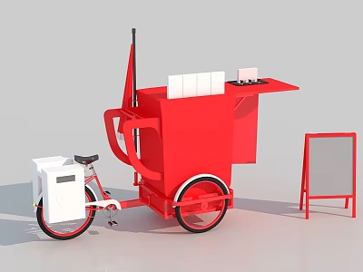 Mobile Red Tricycle Utility Cart With White Storage Box And Signboard 3d model