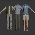 Three Mannequins Wearing Casual Outdoor Clothing With Vests Shirts And Shorts