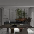 Modern Basement Interior Design With White Sofa Wooden Coffee Table Built in Shelves Green Plant Warm Lighting