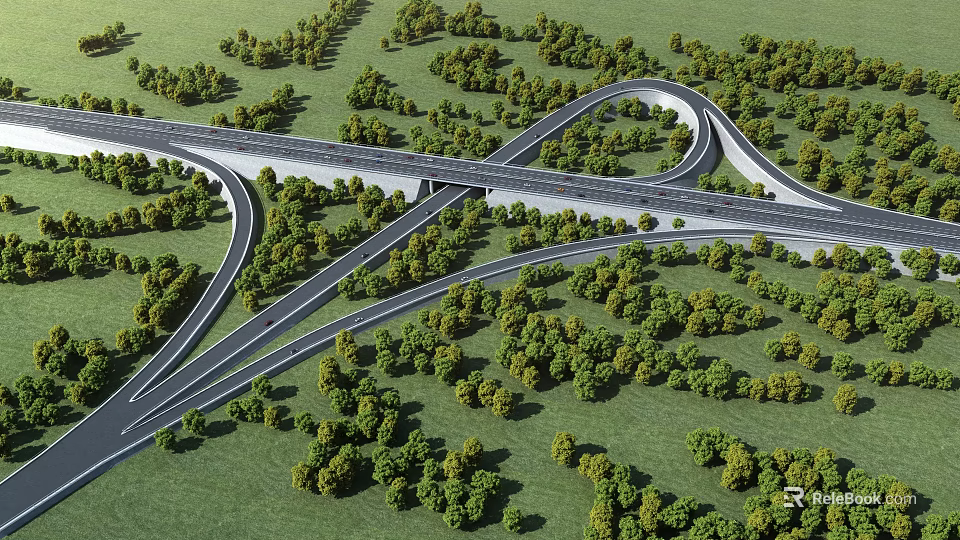 Highway Interchange Bridge With Lush Green Trees And Curved Roads 3d model 