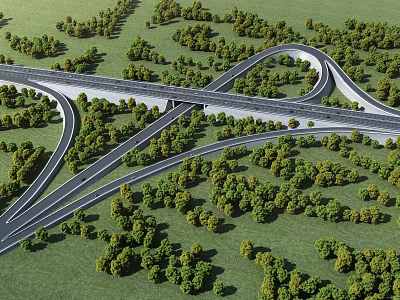 Highway Interchange Bridge With Lush Green Trees And Curved Roads 3d model