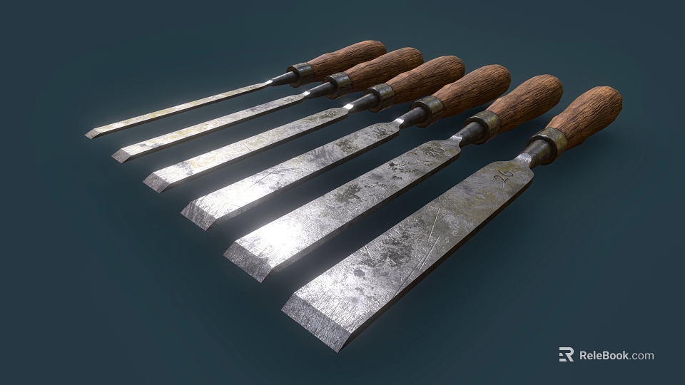 Quality Hardware Tools Chisel Set with Wooden Handles and Metal Blades Neatly Arranged 3d model 