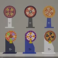 Six Colorful Fortune Wheels With Various Designs And Colored Stands Featuring Chinese Characters