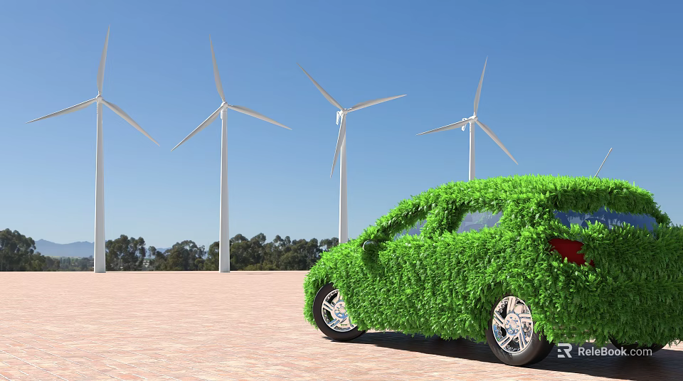 Green Covered Car Parked Near Wind Turbines Under Clear Blue Sky 3d model 