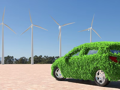 Green Covered Car Parked Near Wind Turbines Under Clear Blue Sky 3d model