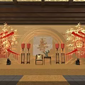 Traditional Chinese Interior Featuring Red Lanterns Bamboo Decorations Wooden Beams And Circular Longevity Character