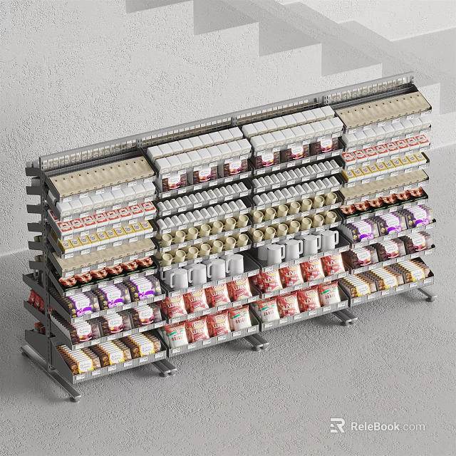 Retail Display Shelf with Multiple Layers Featuring Assorted Packaged Products in Store 3d model 