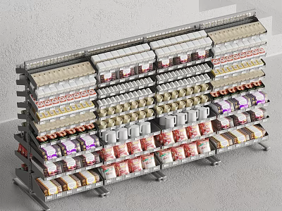 Retail Display Shelf with Multiple Layers Featuring Assorted Packaged Products in Store 3d model