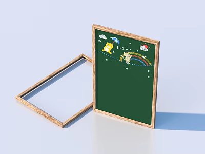 Wooden Frame Green Drawing Board With Cartoon Clouds Rainbow And Little Animal 3d model