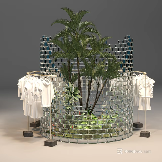 Window Display With Circular Glass Brick Wall Palm Trees Green Plants White Clothes On Racks 3d model 