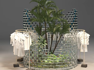 Window Display With Circular Glass Brick Wall Palm Trees Green Plants White Clothes On Racks 3d model