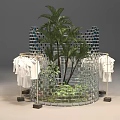 Window Display With Circular Glass Brick Wall Palm Trees Green Plants White Clothes On Racks