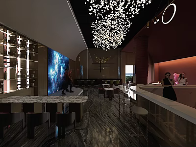 Modern Bar Interior Design With Unique Ceiling Lights Marble Counter And Artistic Seating Area 3d model