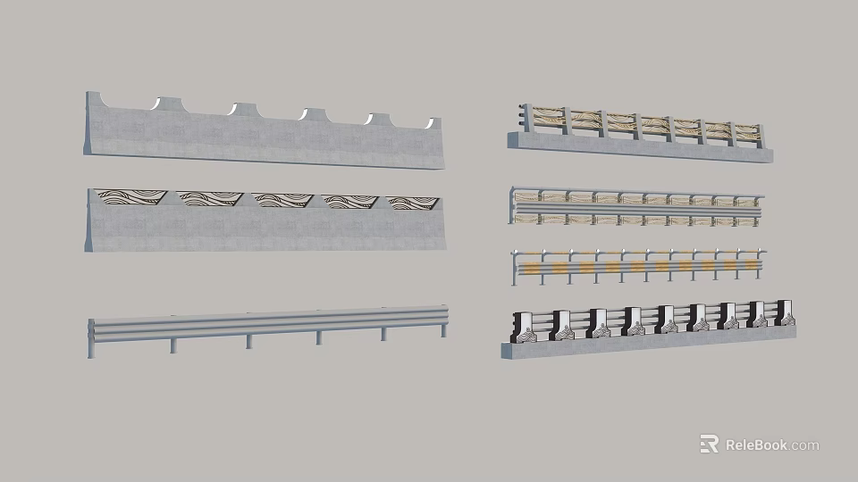 Various Road Safety Guardrails and Curb Structures with Different Designs 3d model 