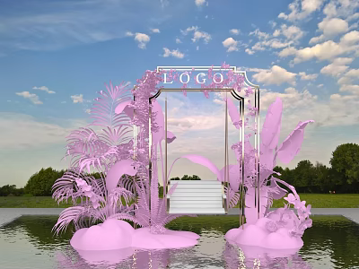 Pink Archway Check-in Photo Spot With LOGO Plant Decorations Water Area And Blue Sky 3d model