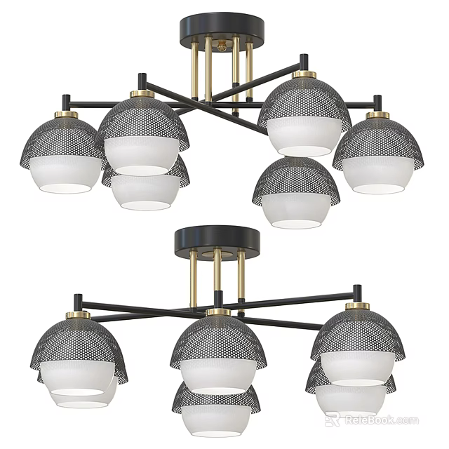 Modern Multi Head Ceiling Light With Black Gold Metal Frame And White Mesh Shades 3d model 