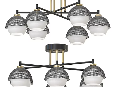 Modern Multi Head Ceiling Light With Black Gold Metal Frame And White Mesh Shades 3d model