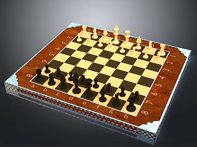 Classic Chessboard With Wooden Frame Black And White Chess Pieces And Number Letter Markings 3d model