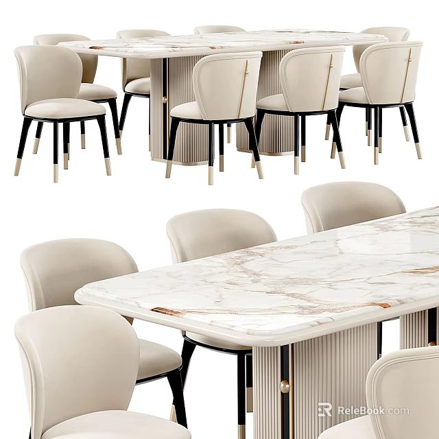 Elegant Modern Dining Table With Marble Top And Comfortable Beige Upholstered Chairs Design 3d model 