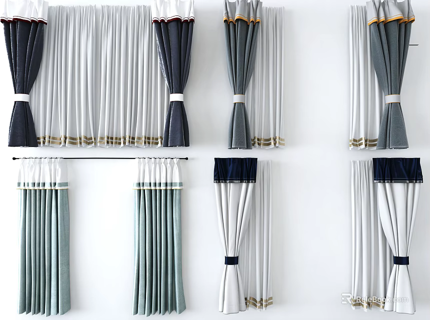 Stylish Modern Curtains In Gray White Navy Blue With Tiebacks And Decorative Trim 3d model 