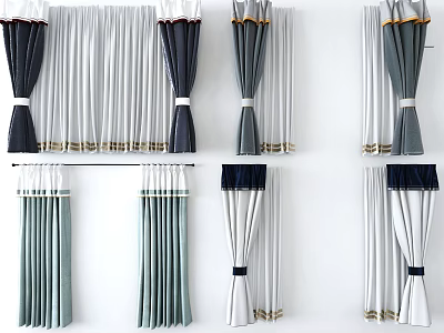 Stylish Modern Curtains In Gray White Navy Blue With Tiebacks And Decorative Trim 3d model