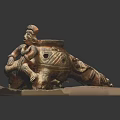 Ancient Terracotta Sculpture Featuring Human Figure Seated On Pottery Jar And Square Base