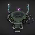 Futuristic Tech Platform Featuring Circular Structure Green Purple Glowing Elements Stands Steps And Cable 3d model