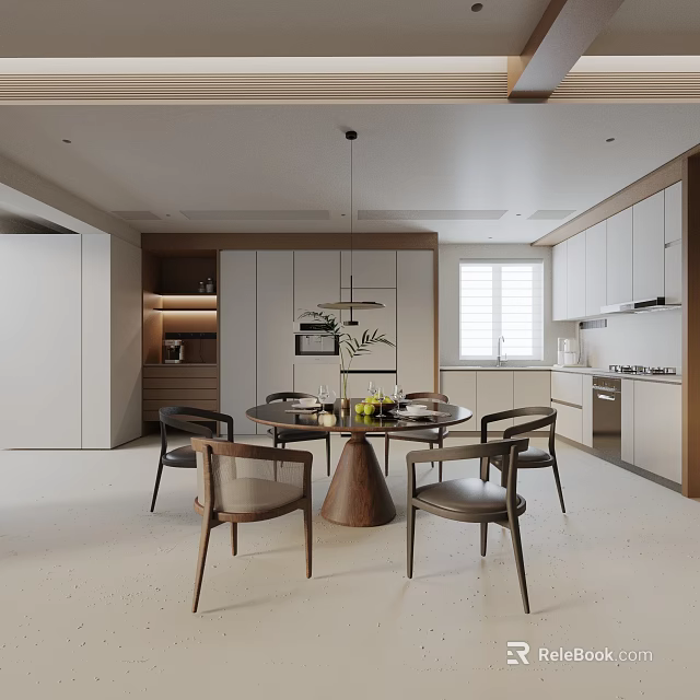 Modern Dining Table Set With Round Table Wooden Chairs And Kitchen Cabinets 3d model 