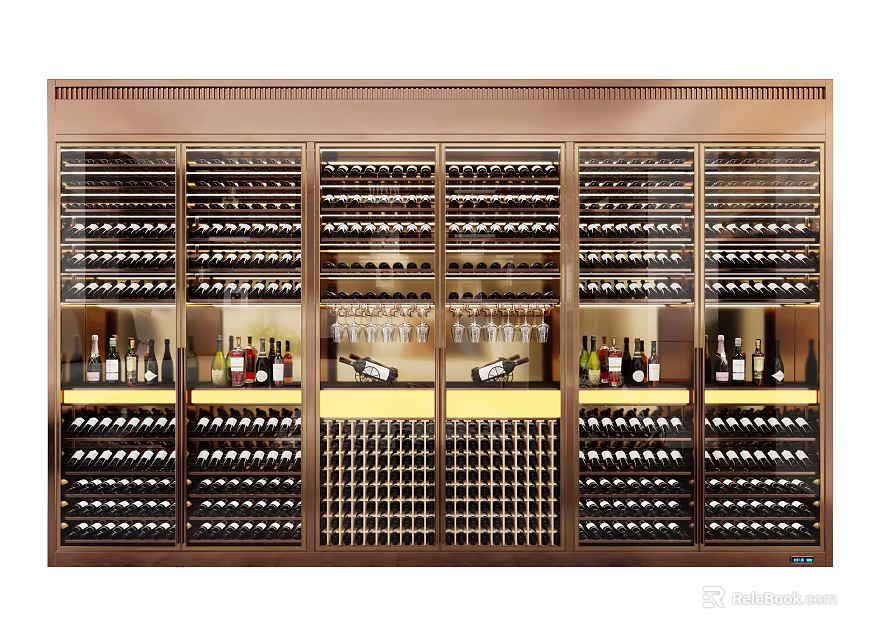 Modern Brown Wine Cabinet With Layered Wine Bottles And Hanging Glasses 3d model 