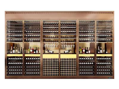 Modern Brown Wine Cabinet With Layered Wine Bottles And Hanging Glasses 3d model