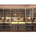 Modern Brown Wine Cabinet With Layered Wine Bottles And Hanging Glasses