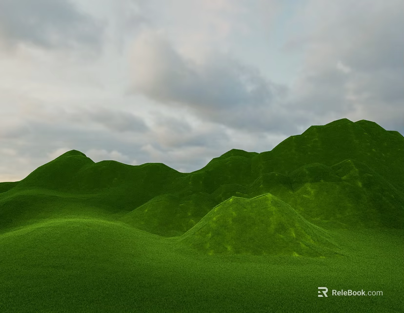 Scenic Park Landscape With Rolling Green Hills Vast Grassland And Cloudy Sky 3d model 