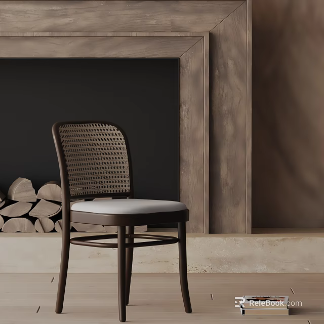 Stylish Dining Chair With Wicker Back Wooden Frame White Cushion And Dark Wall Fireplace Background 3d model 