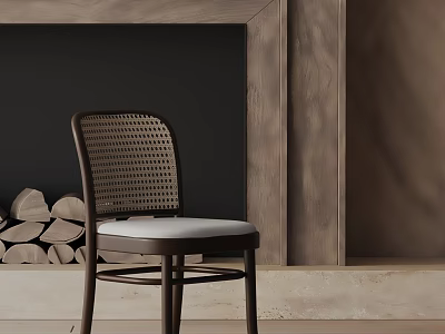 Stylish Dining Chair With Wicker Back Wooden Frame White Cushion And Dark Wall Fireplace Background 3d model