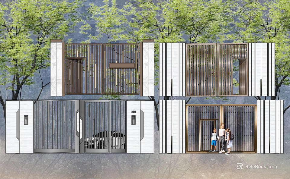 Modern Entrance Gates with Striped Design Glass Details Green Trees and Building Facade 3d model 