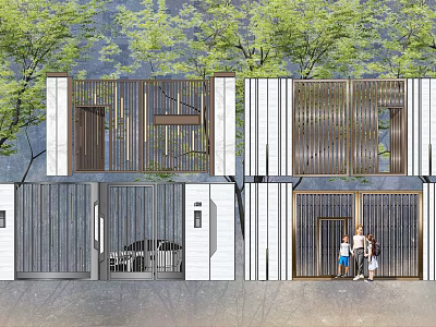 Modern Entrance Gates with Striped Design Glass Details Green Trees and Building Facade 3d model