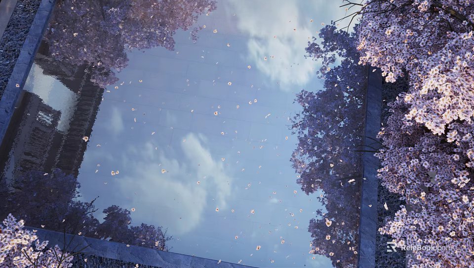 Cartoon Scene With Purple Cherry Blossom Trees Falling Petals Blue Sky White Clouds Square View 3d model 