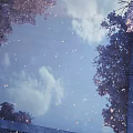 Cartoon Scene With Purple Cherry Blossom Trees Falling Petals Blue Sky White Clouds Square View